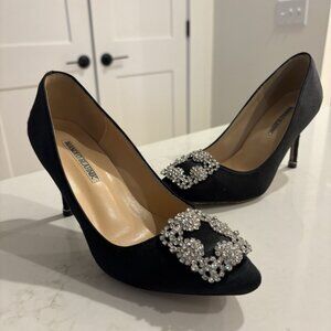 Manolo Blahnik HANGISI Black Satin Jewel Buckle Pumps Heels